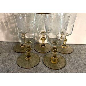 6 Vintage Amber Stemmed Goblet With Etching of Grapes and Leaves  #1903